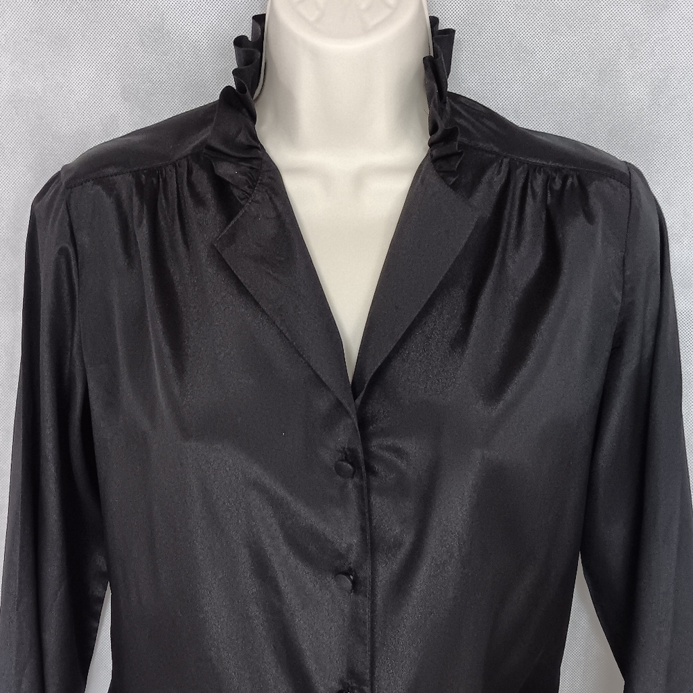 Lecomte Black Blouse Size 7/8 Semi-Sheer Ruffled Collar Long Sleeves